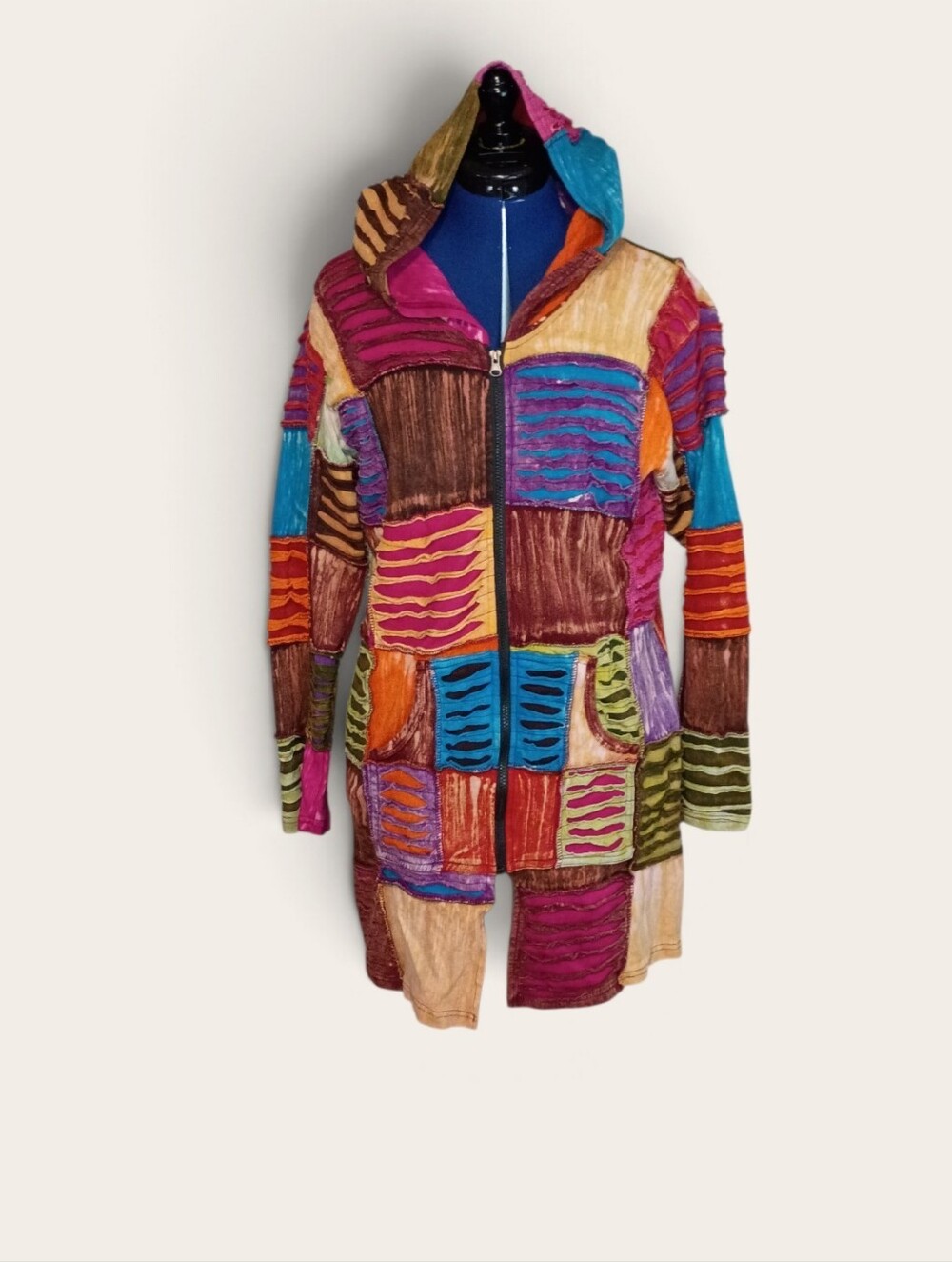 Colorblock Patchwork Hooded Trench Coat in Multicolor